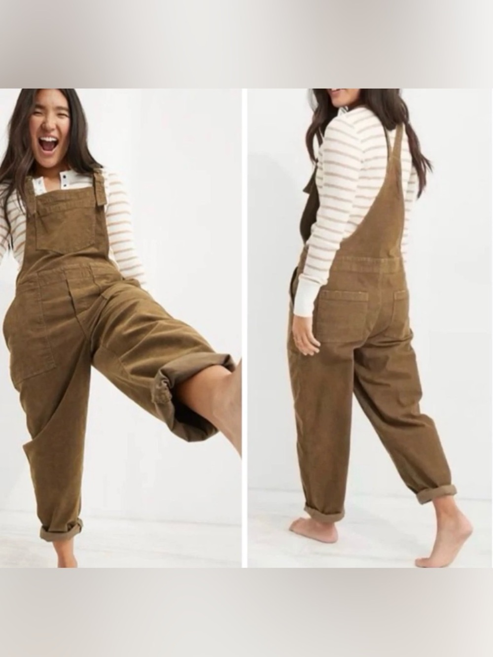 Aerie Women’s Corduroy Overalls Tan Wide Leg Adjusting Strap Size L/G